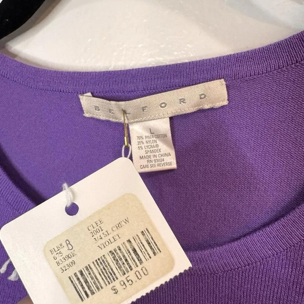 NWT Belford Sweater Shirt L $95 Pima Cotton Purple Stretch 3/4 Sleeves Basic